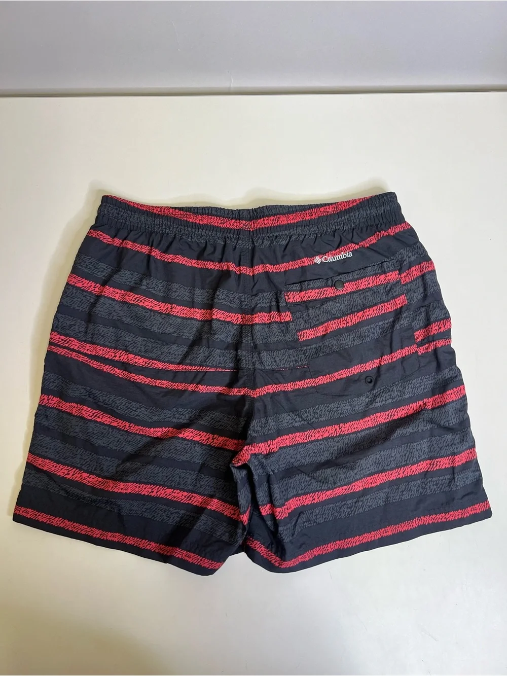 Columbia Swim Shorts Men’s Red/Black/Charcoal Striped Trunk Lined - Size Medium